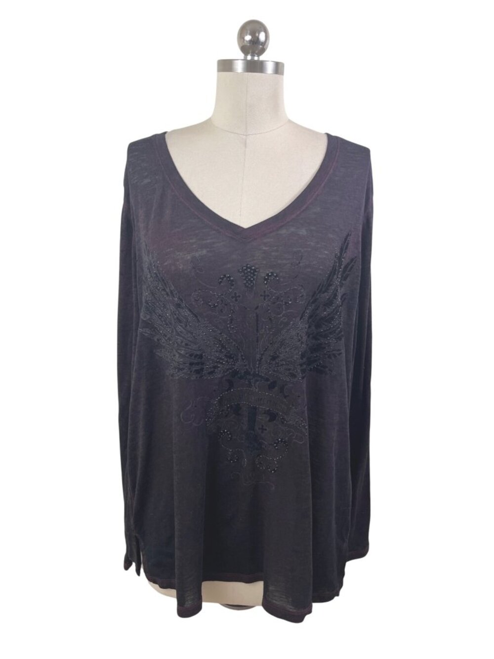 Rock & Republic Y2K McBling Tunic Top Womens XL Purple Rhinestone Angel Cross
